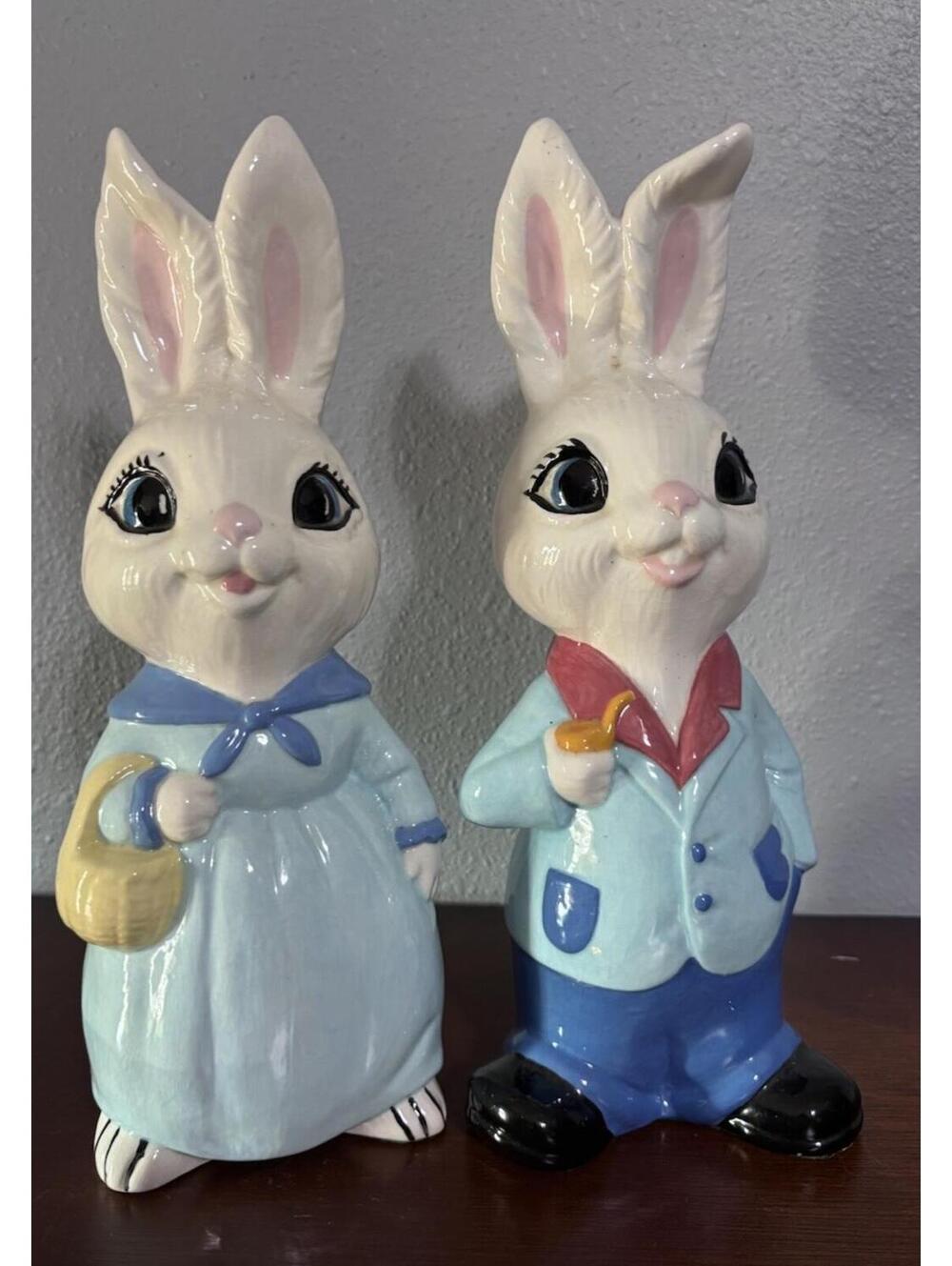 Vintage Ceramic Bunny Couple Figurines Set of 2 Hand Painted